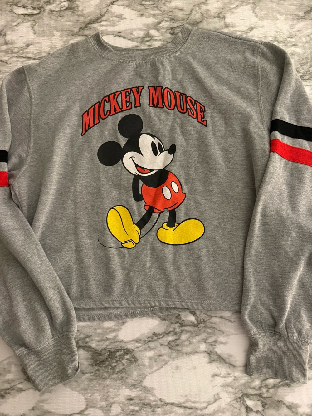 Mickey Mouse Women’s crewneck sweatshirt Gray W/Red Black Stripe On Sleeve XL